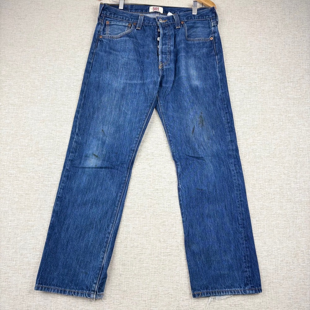 Y2K 2000's Levis 501 Mens 34x29 Distressed / Heel Bite Jeans Grungey Blue Denim
